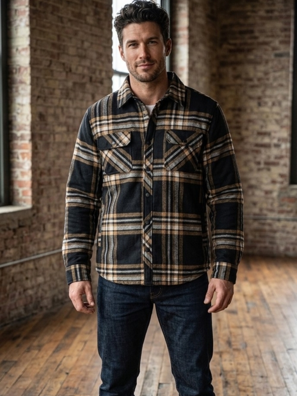 💣 NWT George Men’s Quilted Lined Flannel Shirt Jacket Shacket Black Ivory Plaid